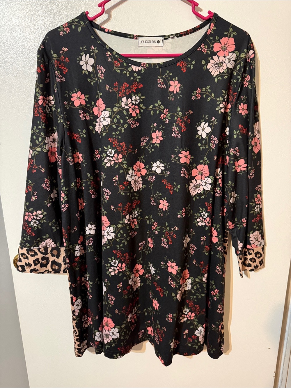 Nuggles Black Floral-Print Long Sleeve Blouse with Leopard Trim
